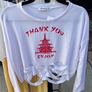 Love J White Top Chinese Takeout “Thank You” Graphic Tee and Cut-Out Design